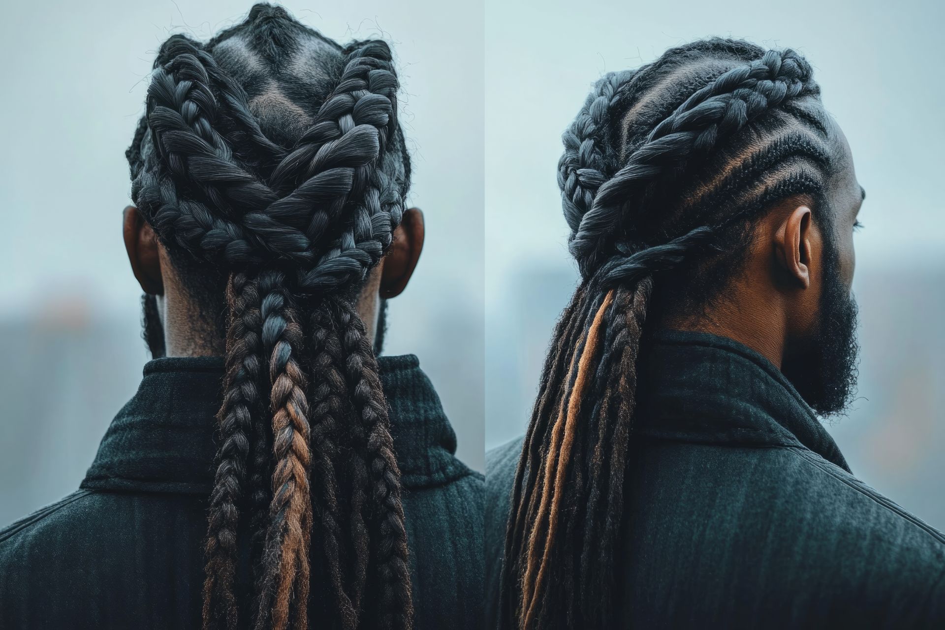 Coiffure tressée, cheveux foncés avec des mèches blondes. Deux vues montrant l'arrière et le profil.