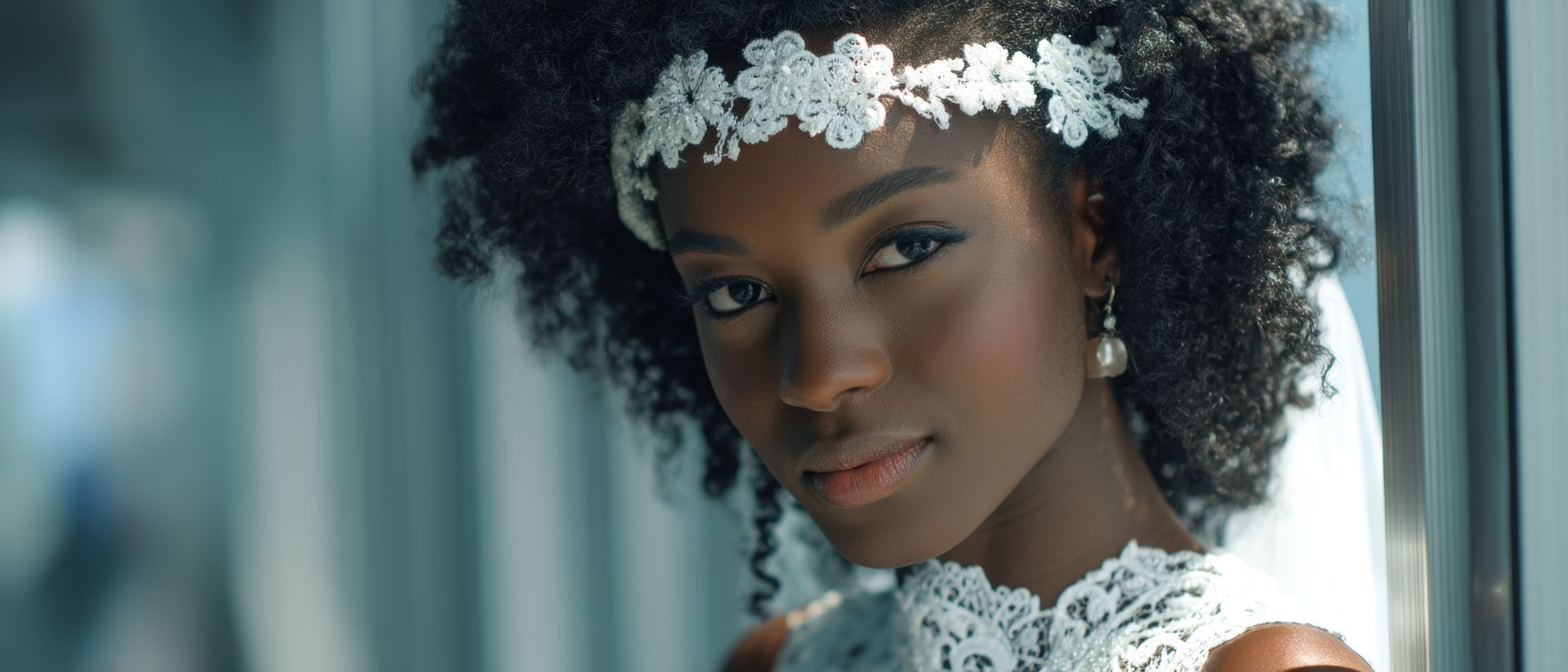 Femme aux cheveux bouclés et portant un bandeau fleuri, vêtue d'une robe en dentelle et de boucles d'oreilles.