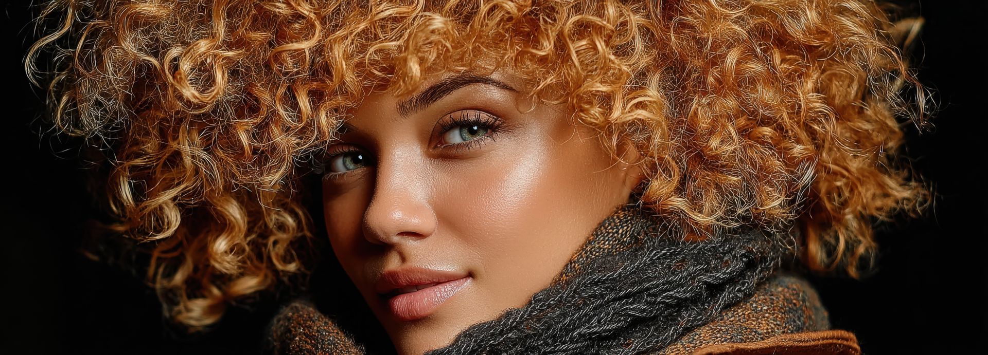 Femme aux cheveux roux bouclés, au teint clair et aux yeux clairs, portant une écharpe foncée.