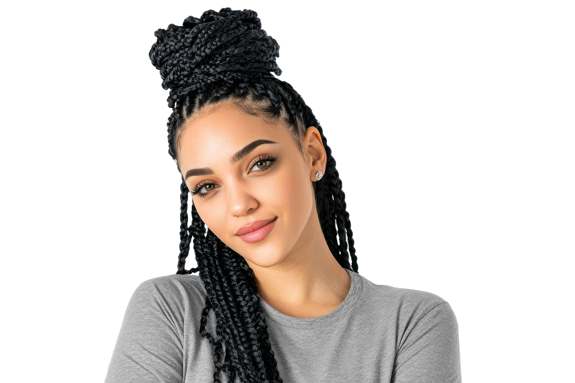 Femme aux cheveux noirs tressés et coiffés en chignon haut.