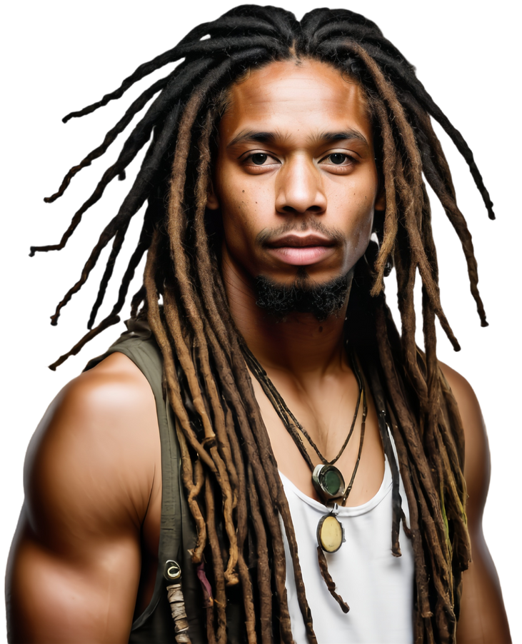 Un homme aux dreadlocks, portant un débardeur, regarde droit devant lui.