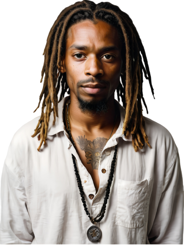Un homme aux dreadlocks, portant une chemise blanche et un collier, regarde l'objectif.