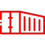 Icono esquemático rojo y blanco de un edificio o vagón de tren con ventanas y el contorno de una puerta