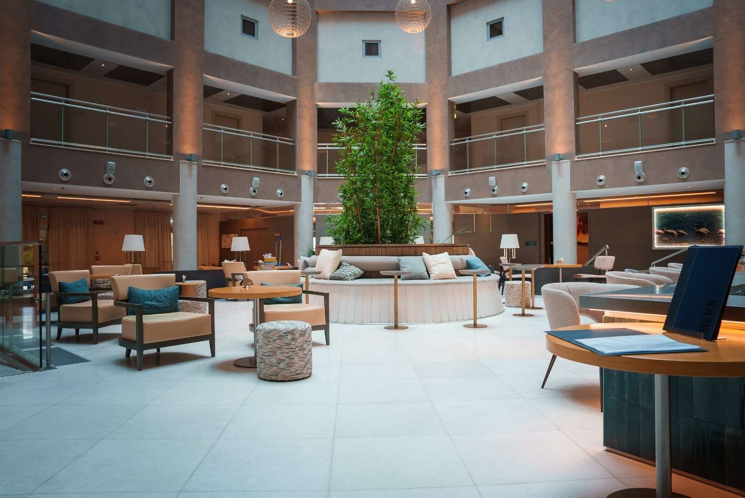 Vestíbulo de hotel moderno con un gran árbol interior, sillas de color turquesa y asientos de madera alrededor de una jardinera circular central.