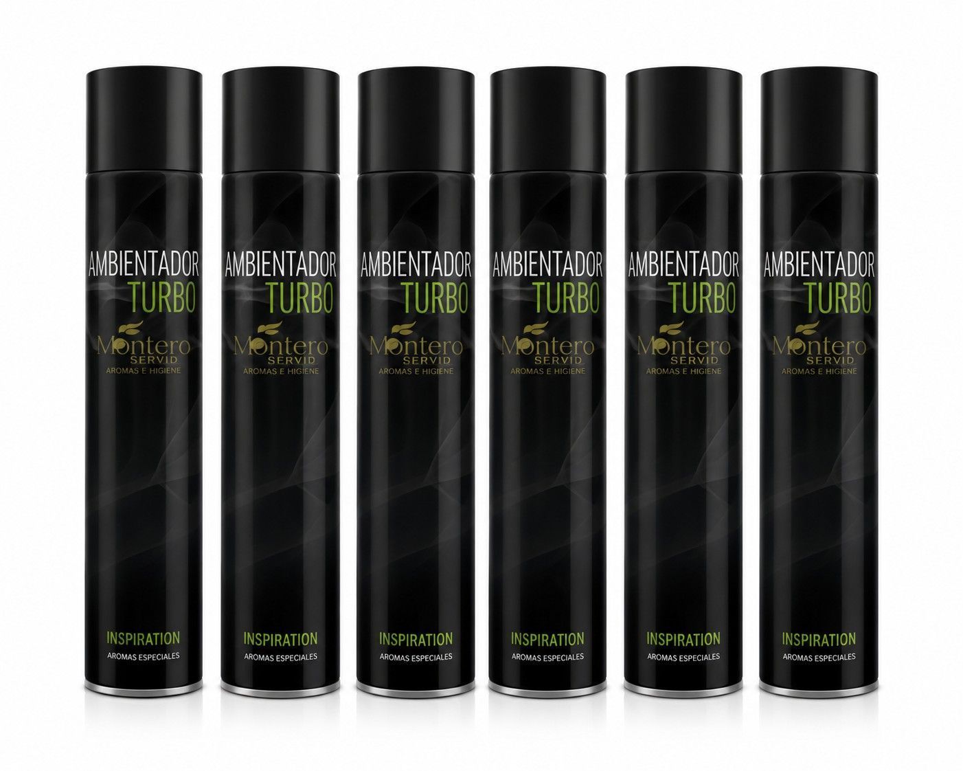 Seis botellas negras de productos para el cabello con letras verdes sobre un fondo blanco.