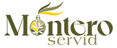 Logotipo de Montero Servid con texto verde oliva y un emblema estilizado de una hoja de botella.