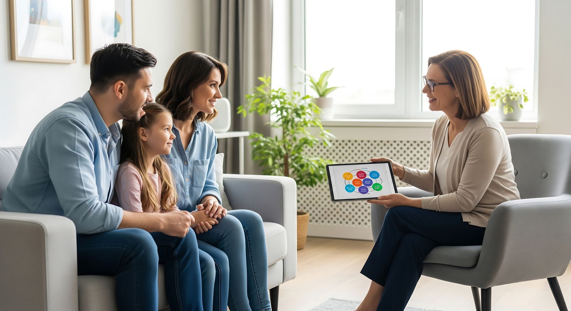 Une famille avec son enfant consulte une thérapeute ; la thérapeute montre une tablette