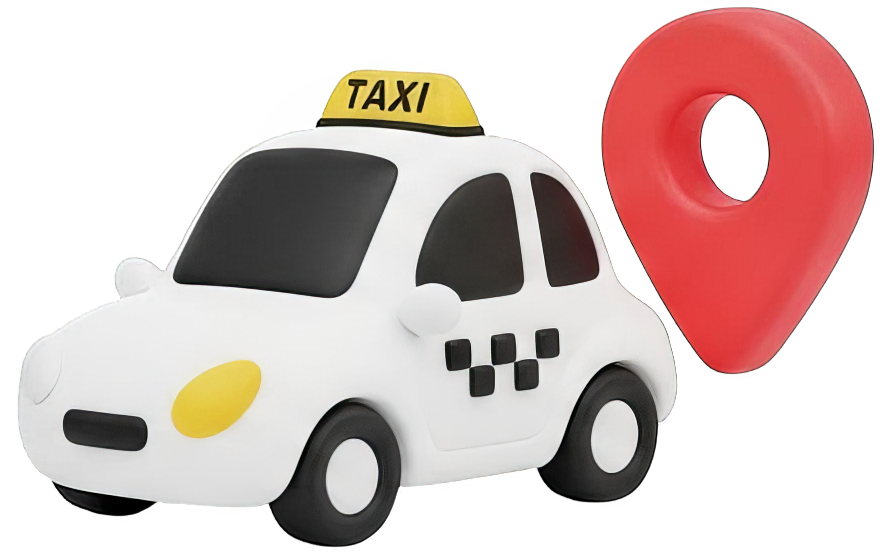 Taxi blanc de dessin animé avec un panneau jaune sur le toit, à côté d'une épingle de localisation rouge.