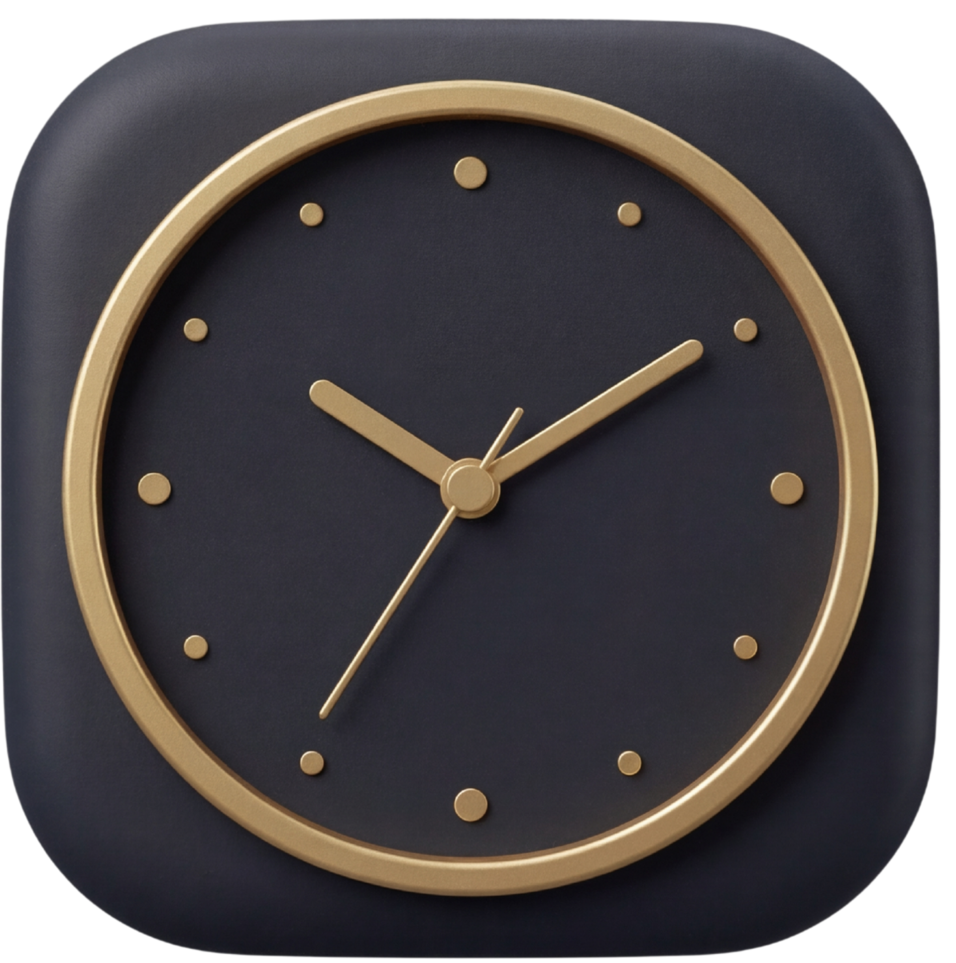 Horloge carrée bleu foncé avec aiguilles et bordure dorées.