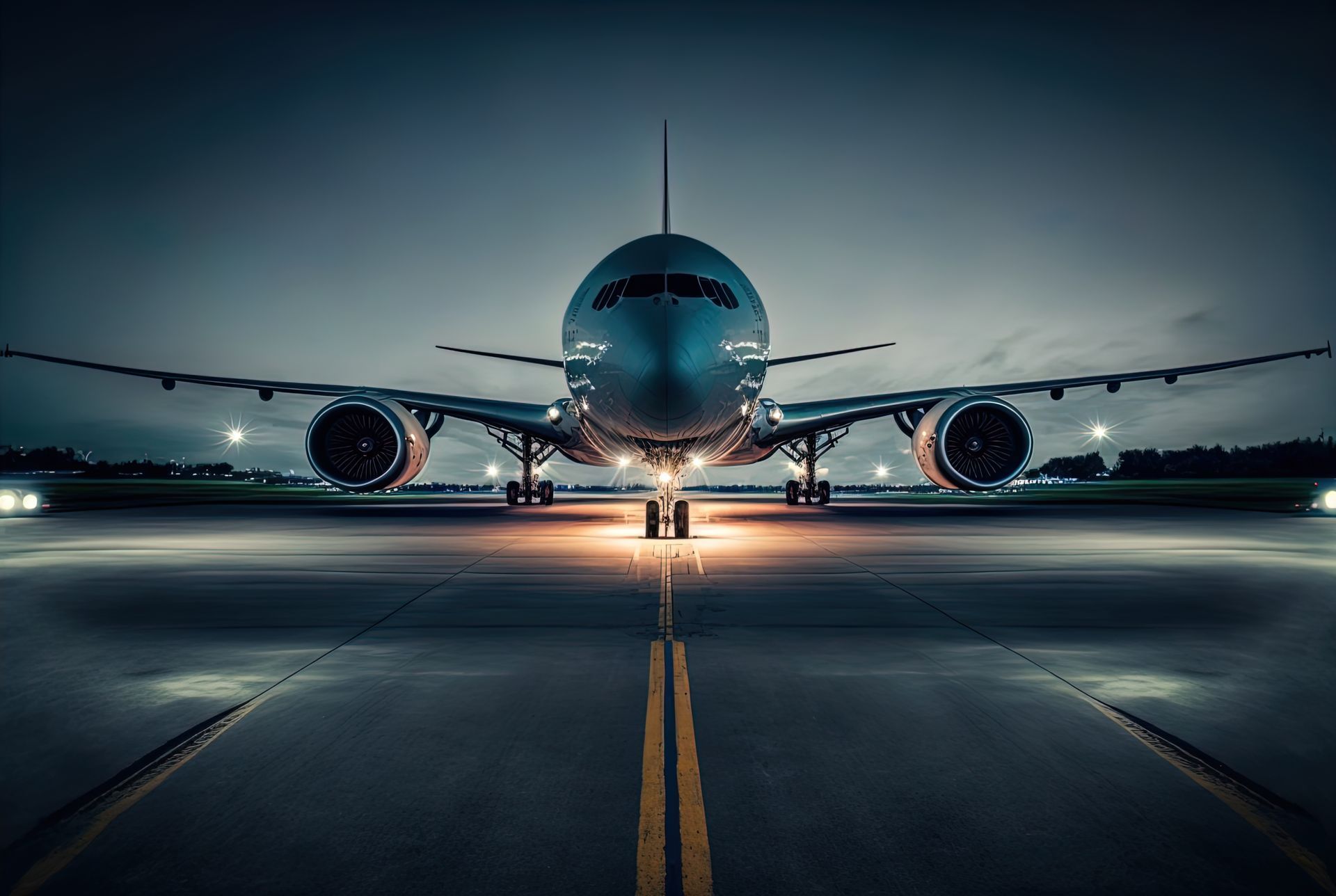 Avion sur une piste d'atterrissage la nuit, ses projecteurs illuminant l'avant.