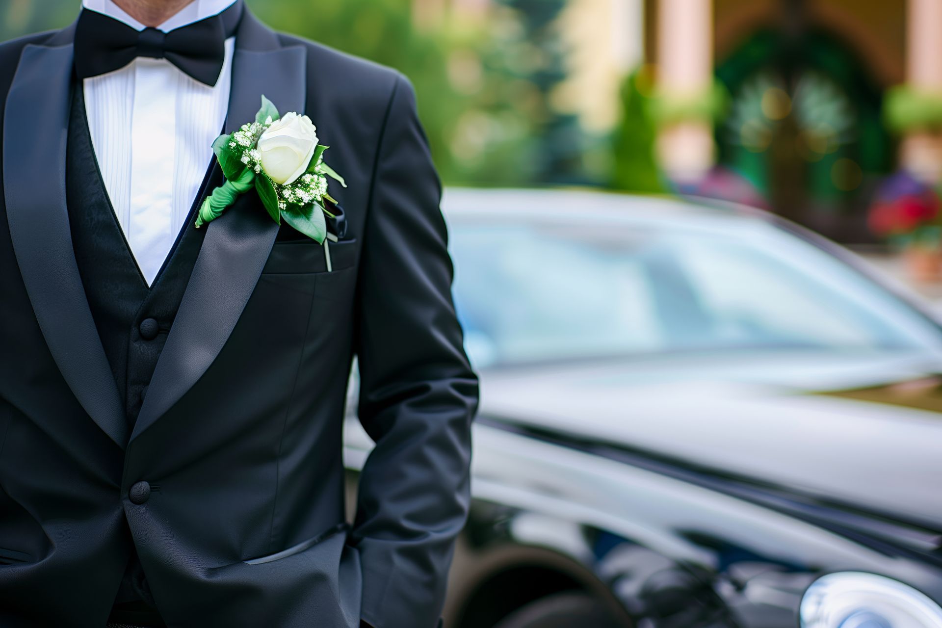 Un homme en smoking noir avec boutonnière se tient près d'une voiture noire, les mains dans les poches.