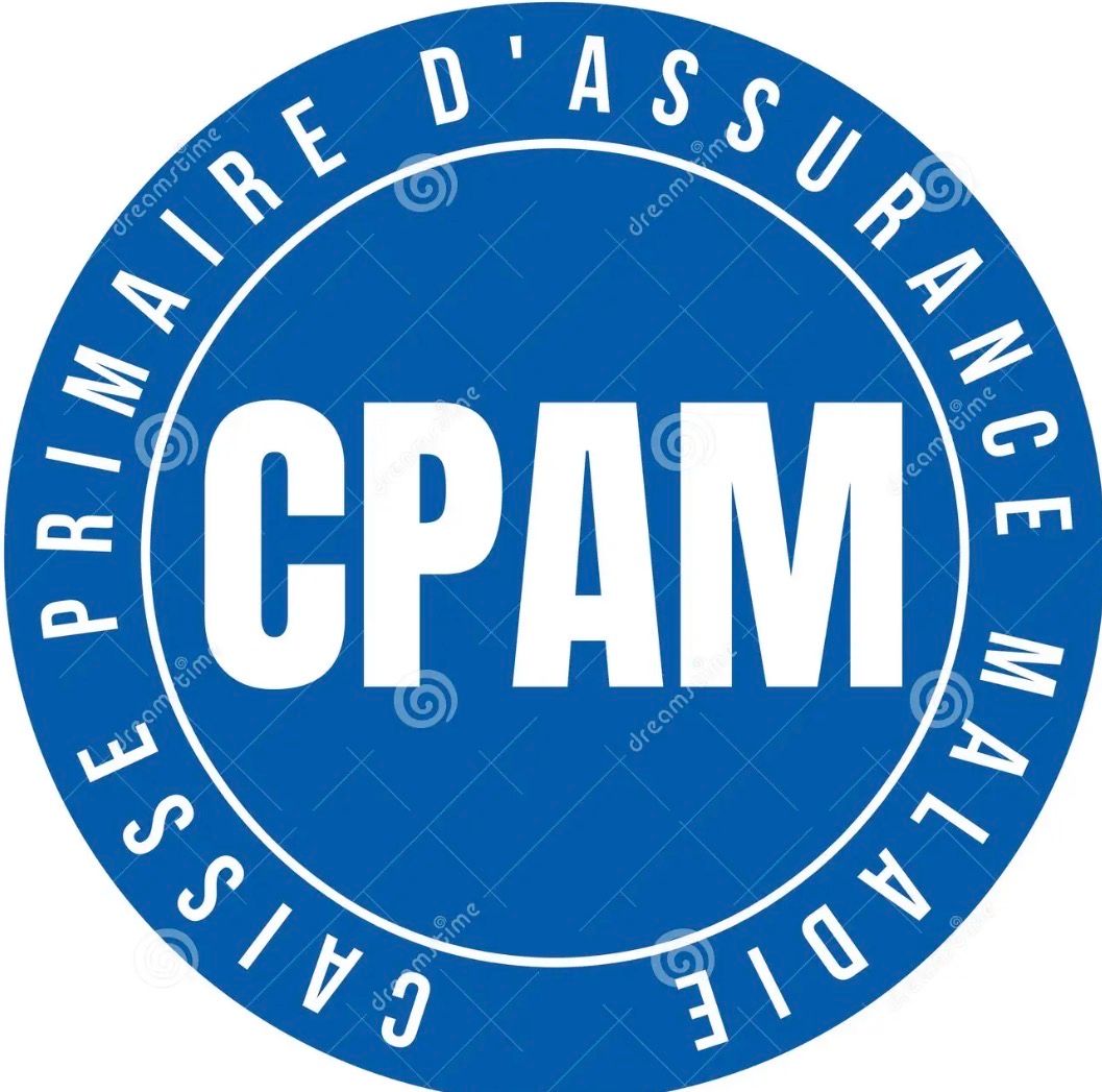Logo CPAM bleu : texte blanc CPAM au centre, entouré de Caisse Primaire d'Assurance Maladie en blanc.