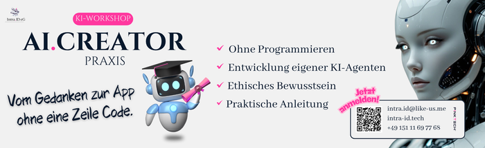Banner für einen KI-App-Workshop: Roboterfigur, Texthervorhebungen und ein QR-Code für „AI Creator Praxis“ ohne Programmierung.