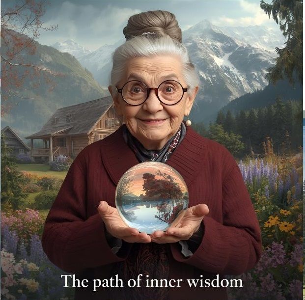 Eine Person hält eine Kristallkugel, die eine Szene am See zeigt, vor dem Hintergrund einer Berghütte mit floralen Rändern.