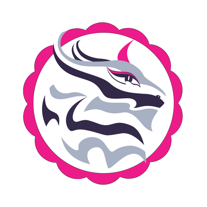 Ein stilisiertes, minimalistisches Logo mit einem Drachenkopf in Grau- und Dunkelblautönen, umrahmt von einem leuchtend pinkfarbenen, gewellten Rand.