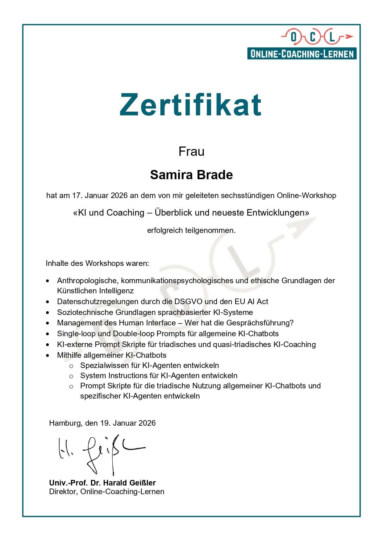 Zertifikat für Samira Brode, abgeschlossener Workshop, beinhaltet die aufgeführten Themen.