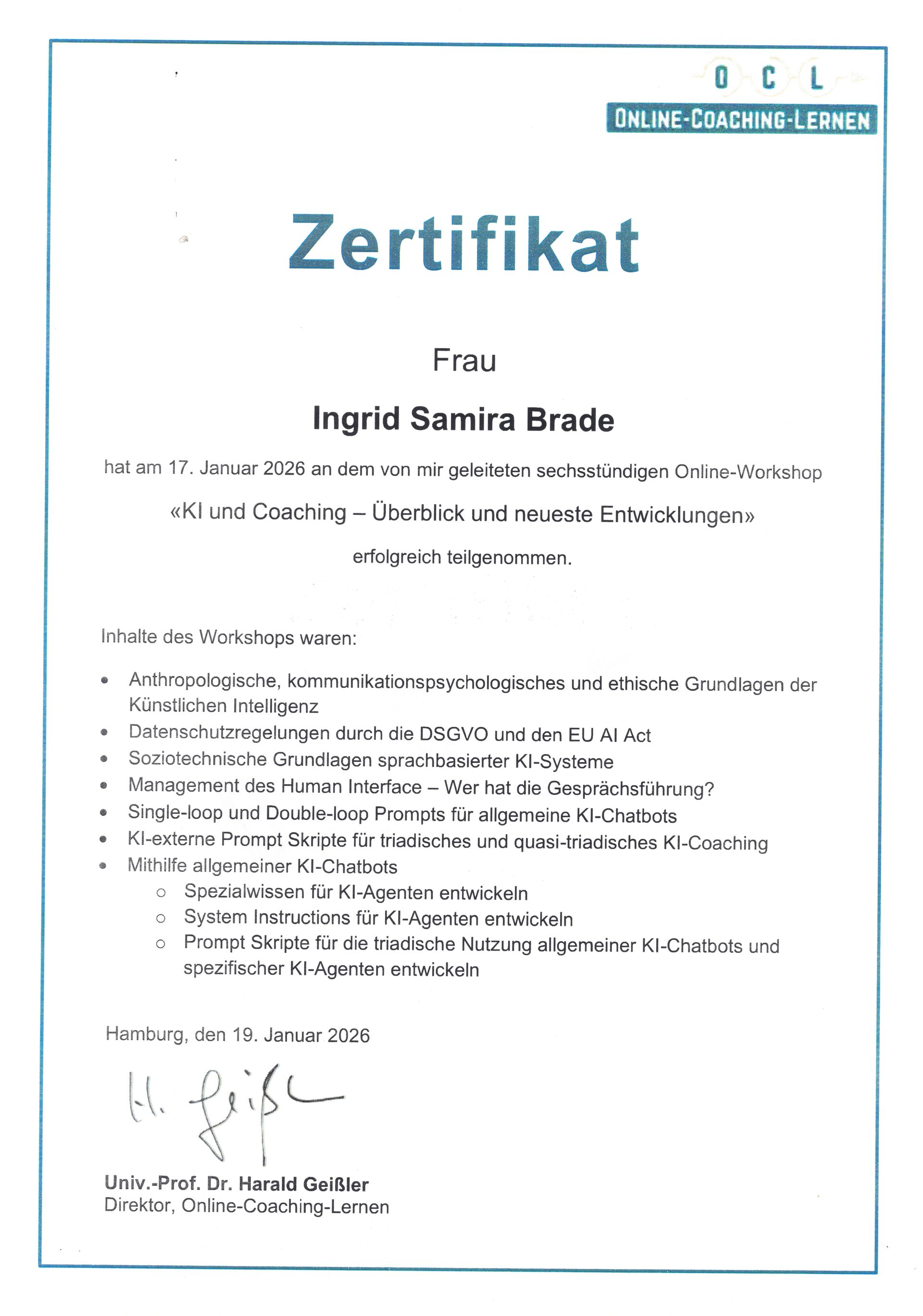 Zertifikat für Ingrid Semira Brade für einen Workshop.