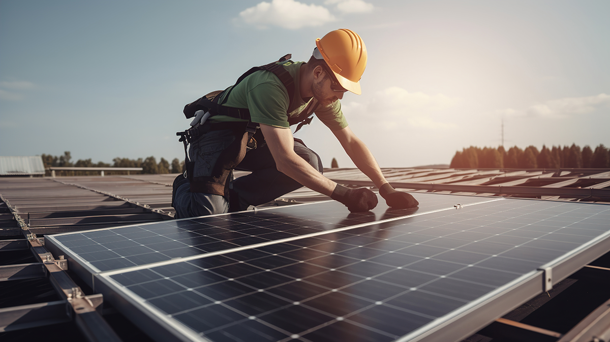 Un homme qui installe des panneaux photovoltaïques