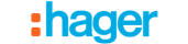 Le logo hager est bleu et orange sur fond blanc.