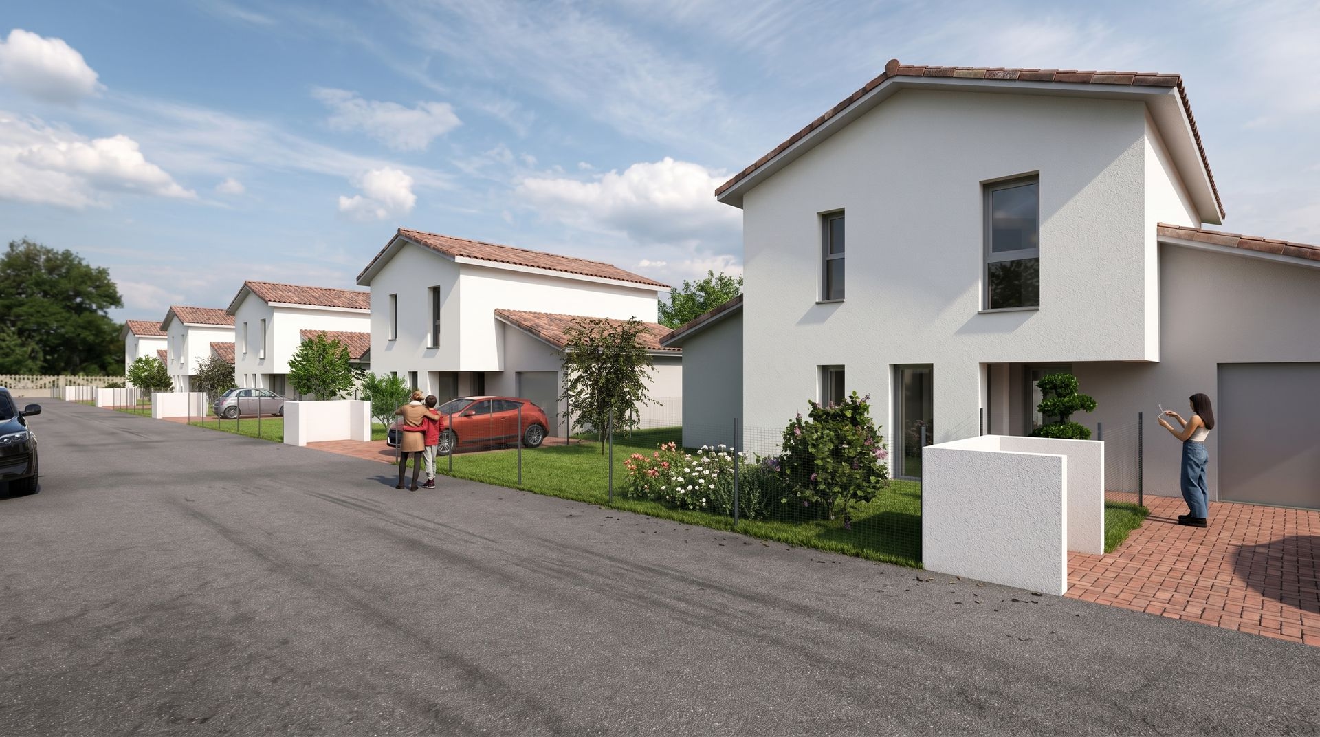 Maison moderne avec piscine, pelouse et façade en pierre sous un ciel bleu.
