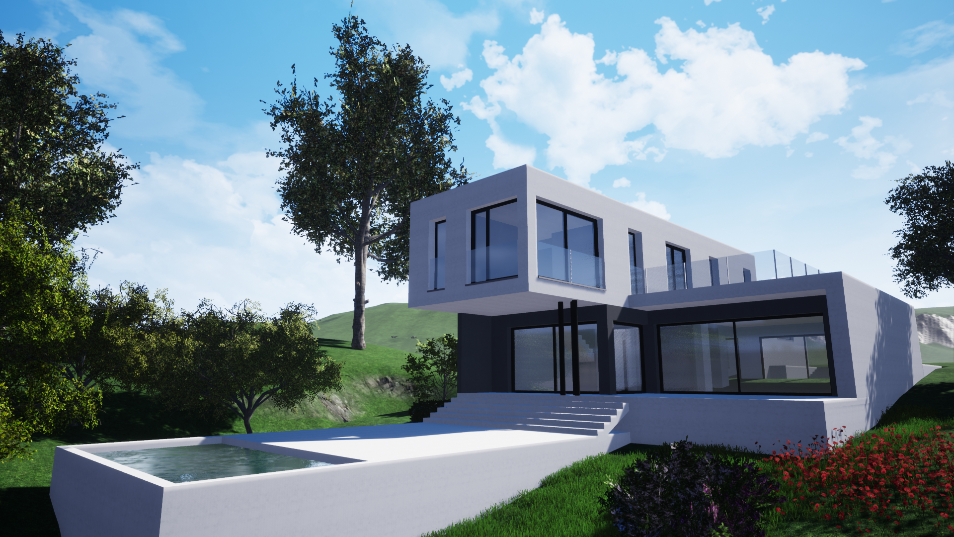 Maison moderne à deux étages avec de grandes fenêtres, une piscine et un environnement verdoyant. Ciel bleu au-dessus.