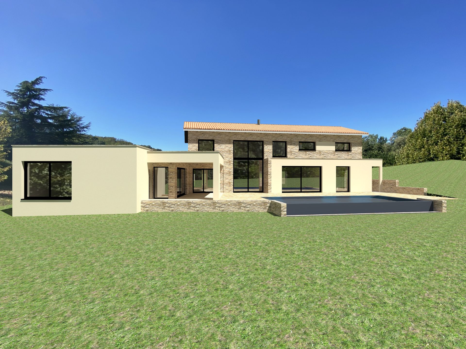 Maison moderne avec façades en pierre et beige, grandes fenêtres et piscine sur une colline herbeuse.