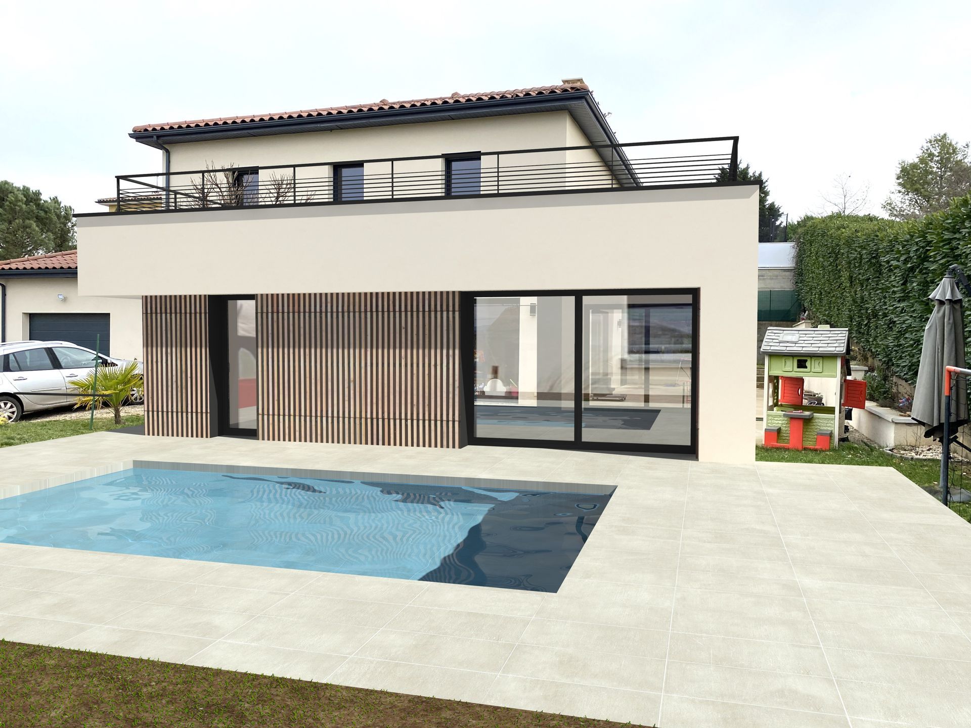 Maison moderne avec piscine. Façade beige, portes coulissantes en verre, lames de bois. Piscine aux eaux turquoise.