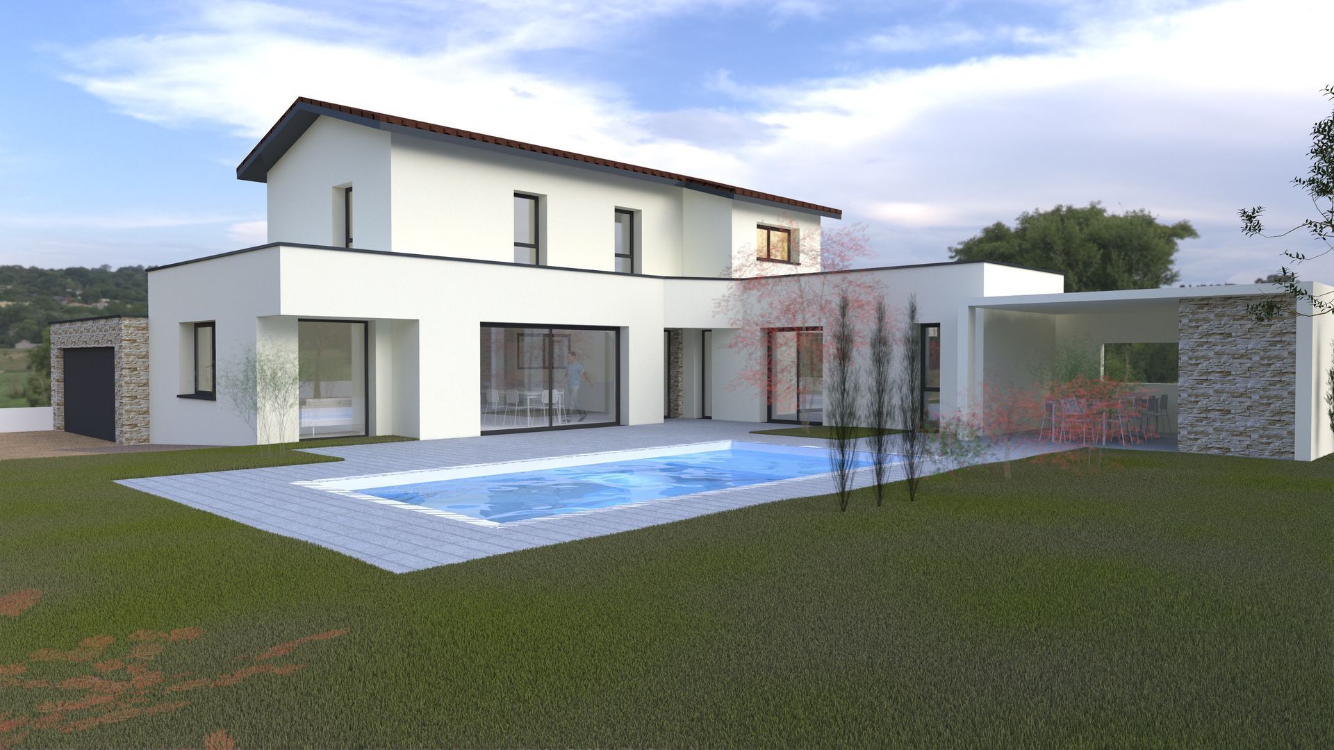 Maison moderne à deux étages avec piscine et mur en pierre. Pelouse verte, ciel bleu et journée ensoleillée.