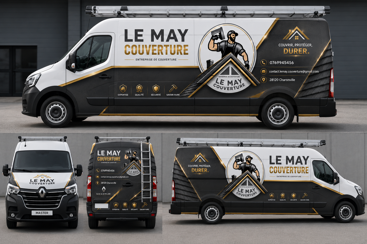 Fourgonnette de service, noire et or de marque Le May Couverture, vue de côté, de face et de dos