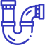 Ilustración estilizada de color azul de un accesorio de plomería con trampa en P, con secciones curvas y juntas de conexión.
