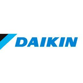 Logotipo de Daikin: texto azul con un triángulo azul y negro sobre fondo blanco.