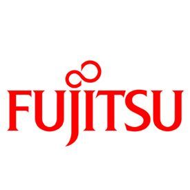 Logotipo de Fujitsu en texto rojo con un símbolo de infinito encima.