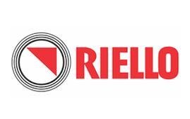 Logotipo de Riello: texto rojo y triángulo al lado de un diseño circular.