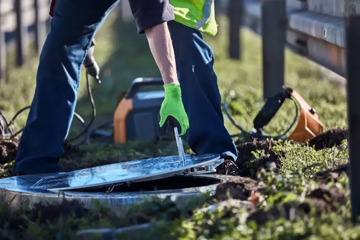 Person in Arbeitskleidung öffnet einen Gullydeckel auf einer Rasenfläche.