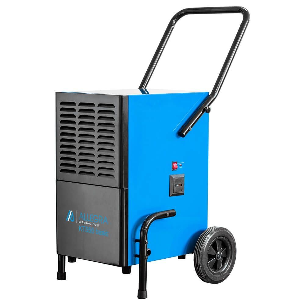 Blau-schwarzer Luftentfeuchter auf Rädern mit Griff.