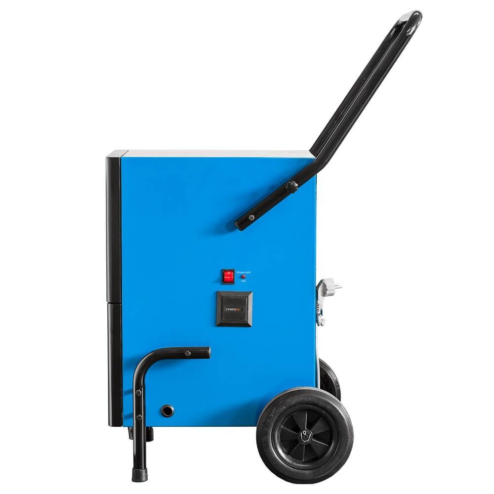 Blauer Luftentfeuchter mit Rädern, schwarzem Griff und Rädern.