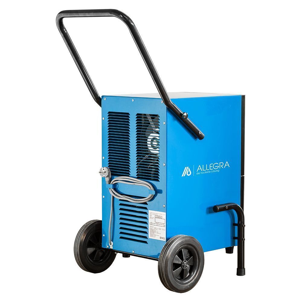 Blauer Allegra-Luftentfeuchter auf Rädern mit Griff.