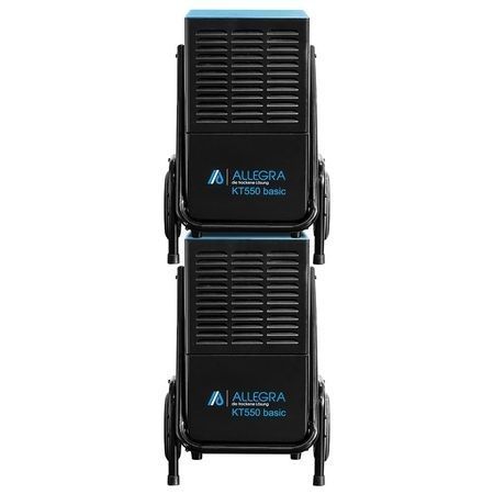 Zwei gestapelte schwarze Allegra KT350-Luftentfeuchter auf Rädern, blaue Akzente.
