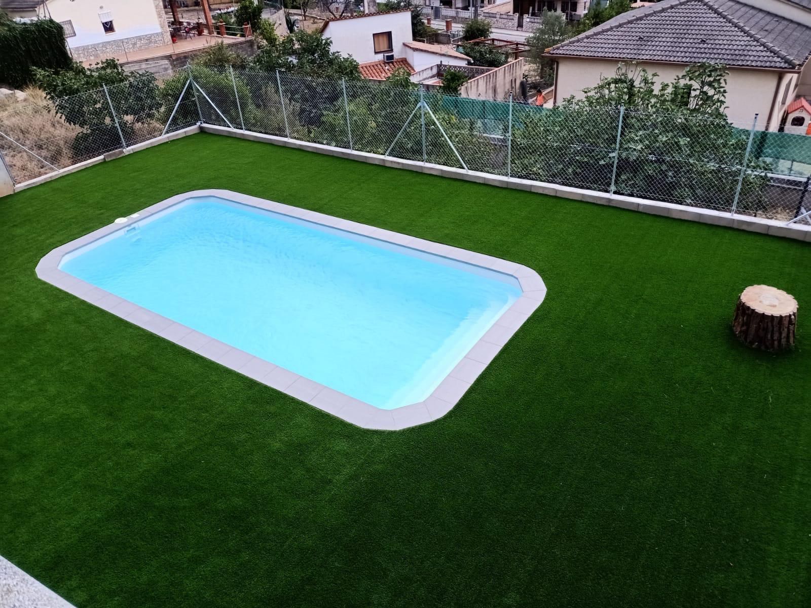 Patio trasero con una pequeña piscina rectangular, césped de un verde brillante 
