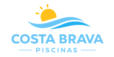 Logotipo de Costa Brava Piscinas con olas azules y un sol amarillo sobre el texto.