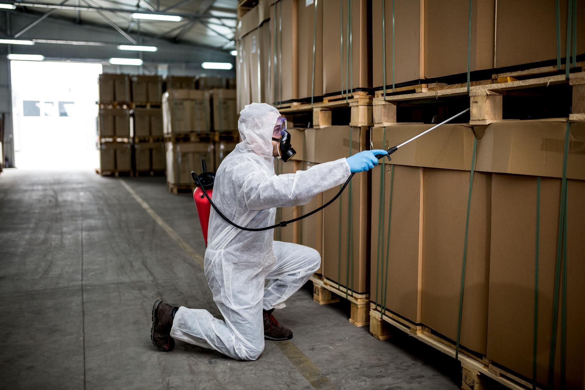 Person in Schutzkleidung versprüht Insektizid in einer Lagerhalle.