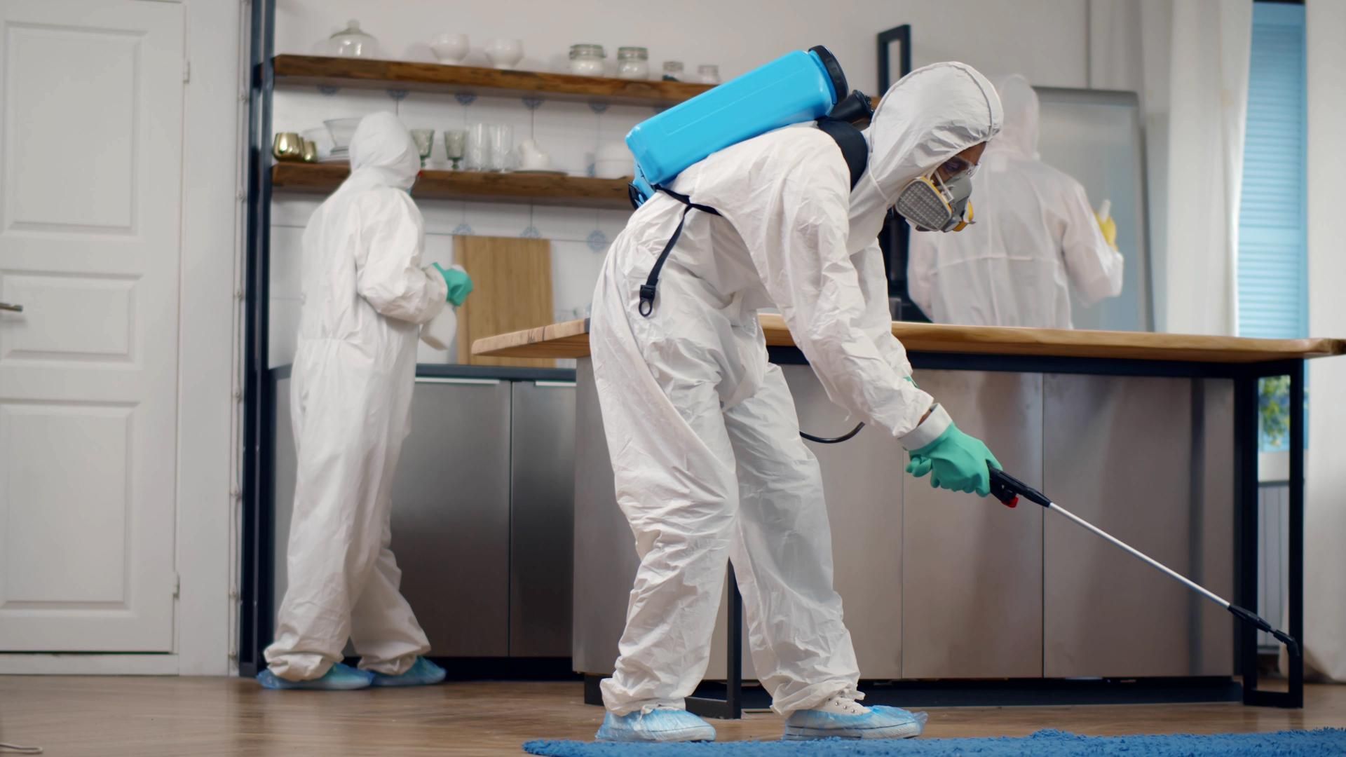 Personen in Schutzanzügen desinfizieren eine Küche. Einer besprüht eine Oberfläche; andere arbeiten im Hintergrund.
