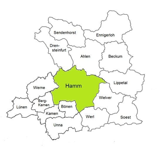 Karte von Hamm, Deutschland, grün hervorgehoben, umgeben von Nachbarstädten.