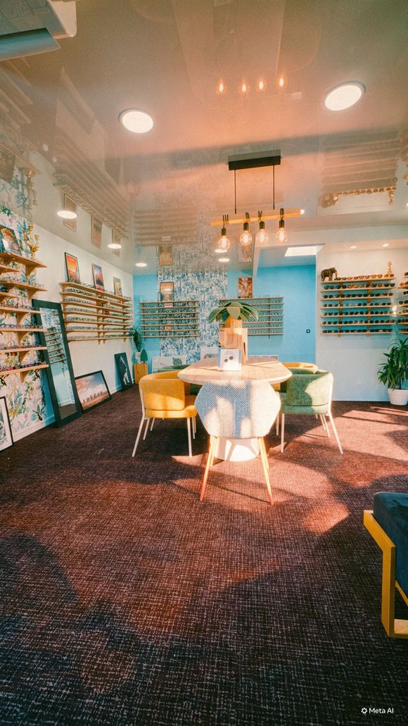 Magasin d'optique avec garnitures vertes et murs végétaux