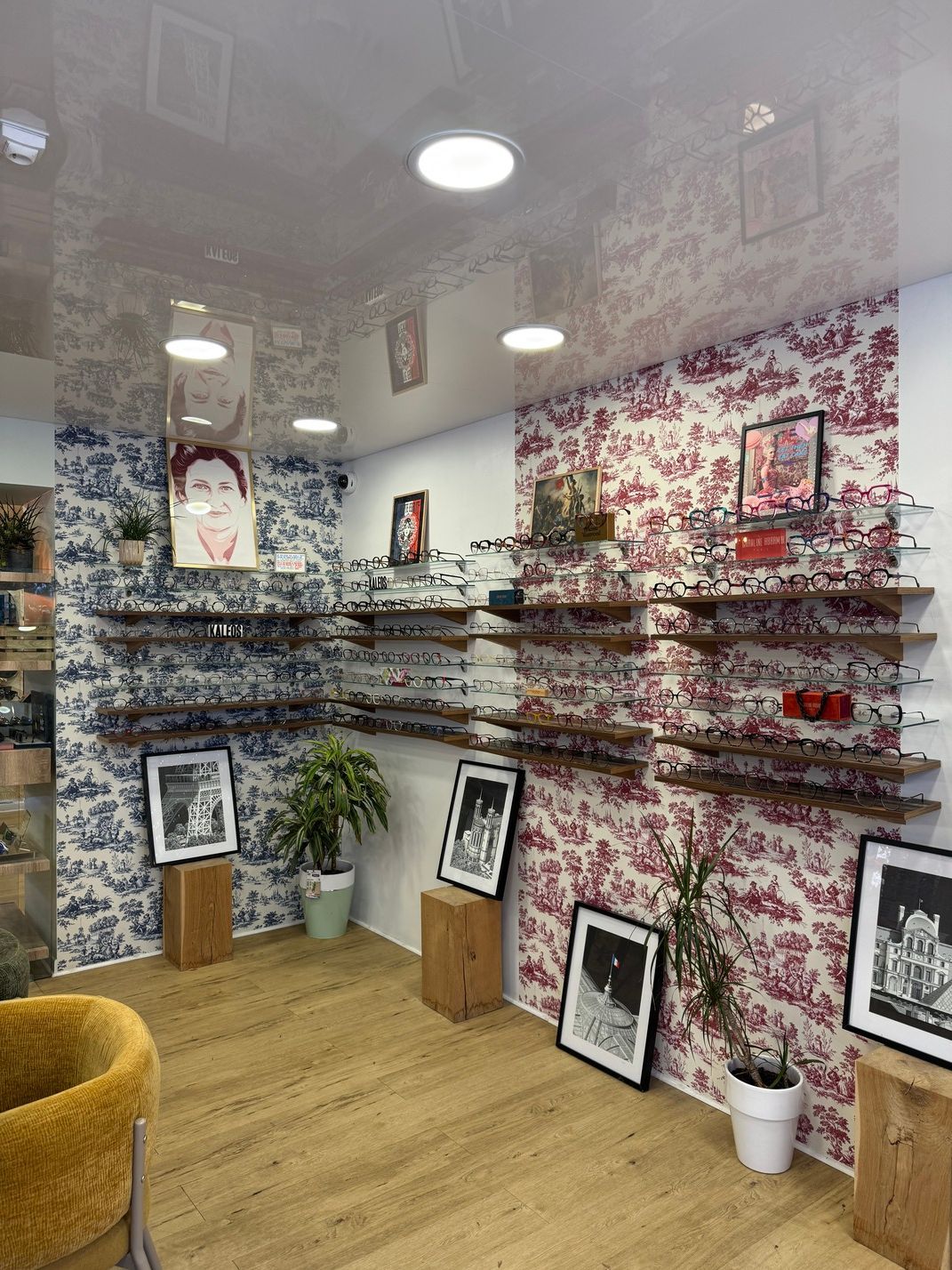 Magasin d'optique avec garnitures vertes et murs végétaux