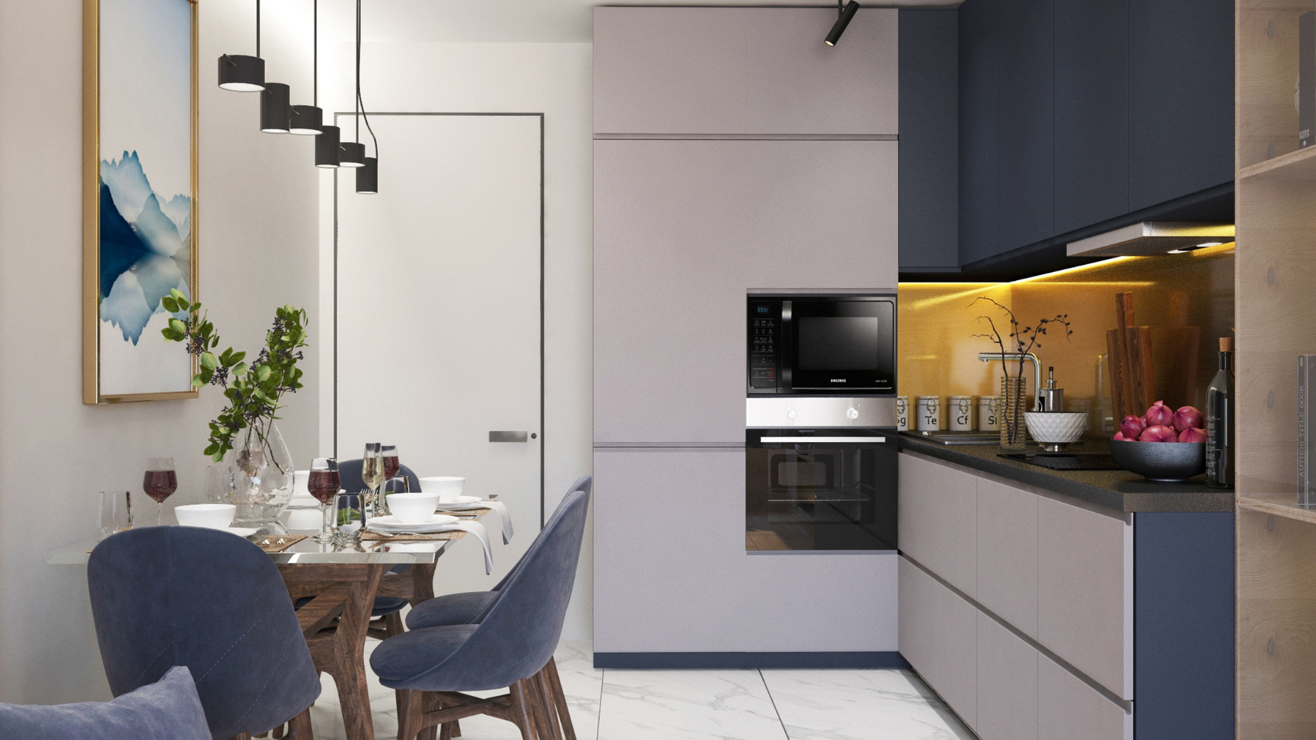 Cuisine et salle à manger modernes avec des meubles gris et bleus, une petite table et un tableau.