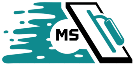 Logo représentant « MS » dans un cercle blanc, avec une touche turquoise et une truelle sur un rectangle incliné.