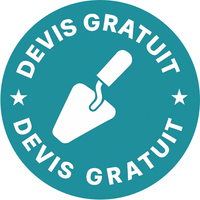 Cercle bleu avec texte blanc « Devis Gratuit » et icône de truelle.