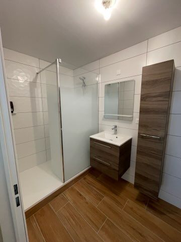 Salle de bains rénovée avec douche, meuble vasque, armoire murale et carrelage effet parquet