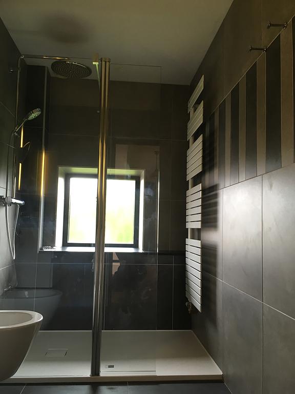 Un carrelage gris anthracite et une paroi vitrée dans une salle de bains moderne